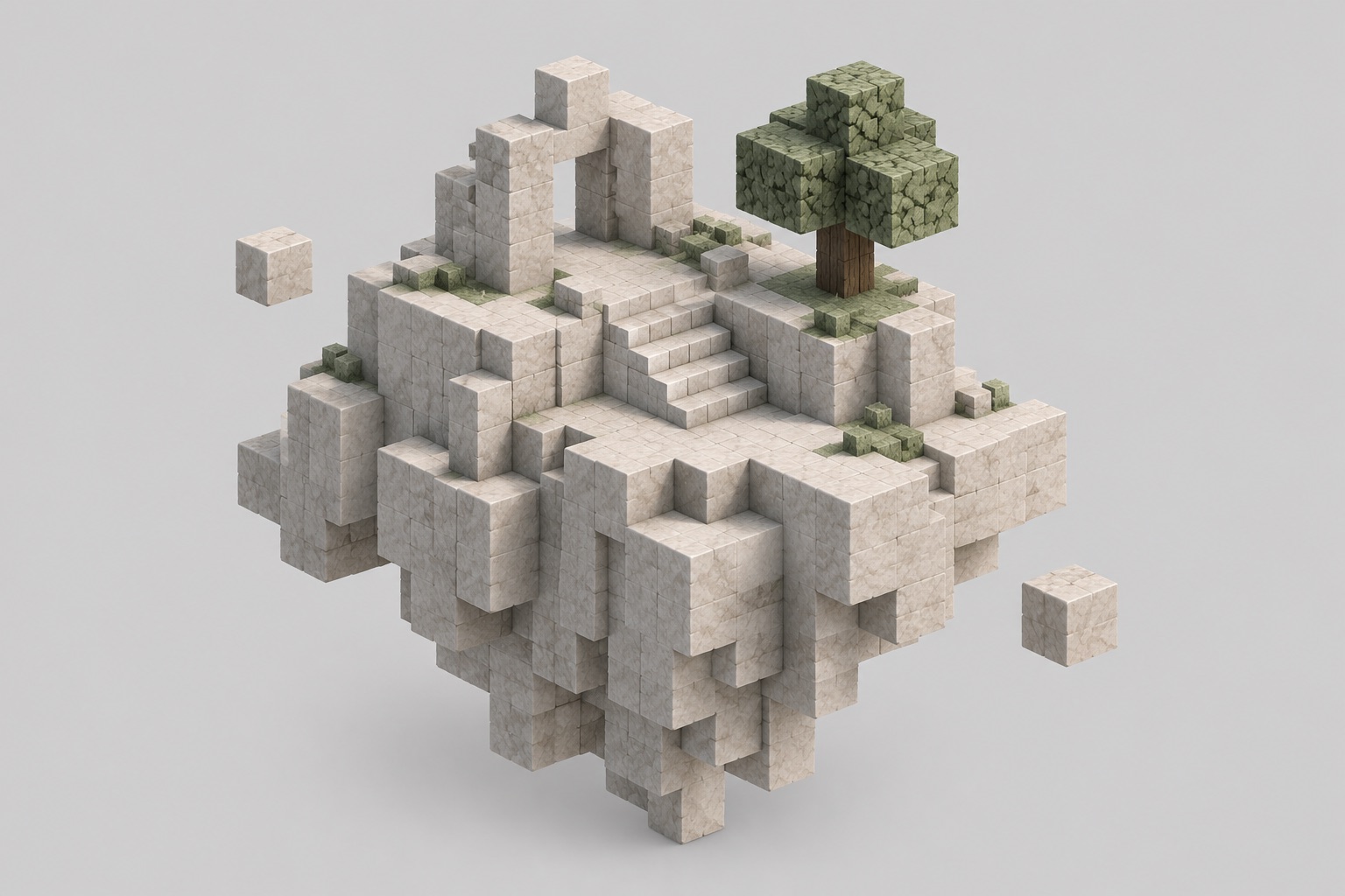 A small floating block island with stone steps and a green tree